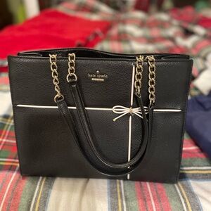Kate Spade Black Tote with Gold Chain and White Bow Accent